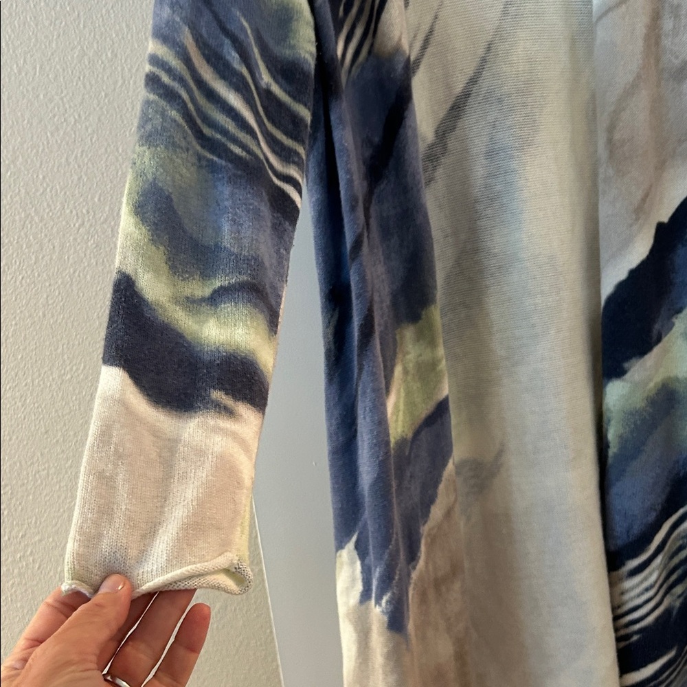 Chico's Blue and Cream Open Front Cardigan - Picture 3 of 4